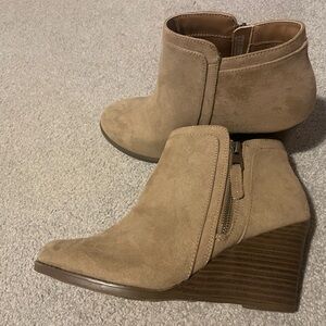 Tan Suede Wedge Booties, size 8.5W, NWOT